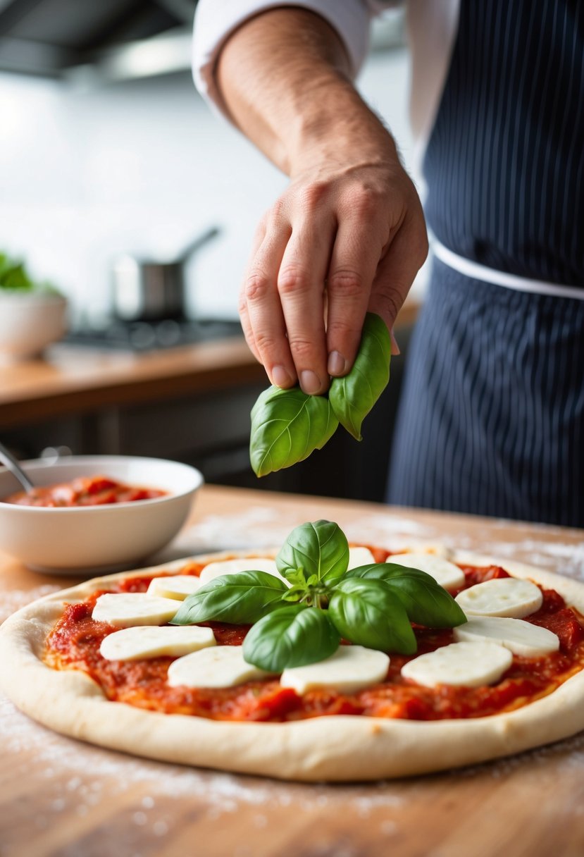 A chef placing fresh basil and mozzarella on a pizza dough, with a bowl of tomato sauce nearby