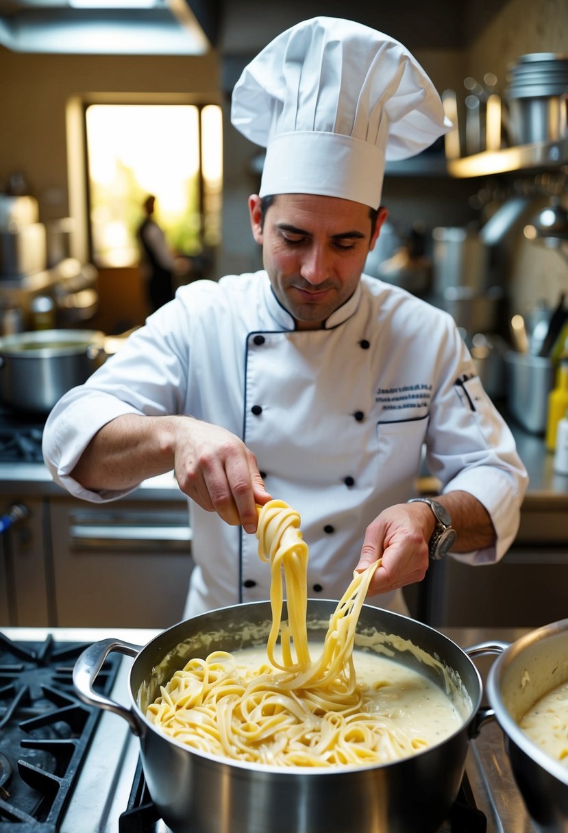 A chef effortlessly prepares Fettuccine Alfredo in a bustling Italian kitchen. Creamy sauce simmers on the stove as pasta cooks in a pot