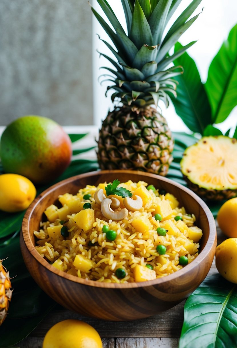 A wooden bowl filled with vibrant, fragrant pineapple cashew rice surrounded by tropical fruits and green foliage