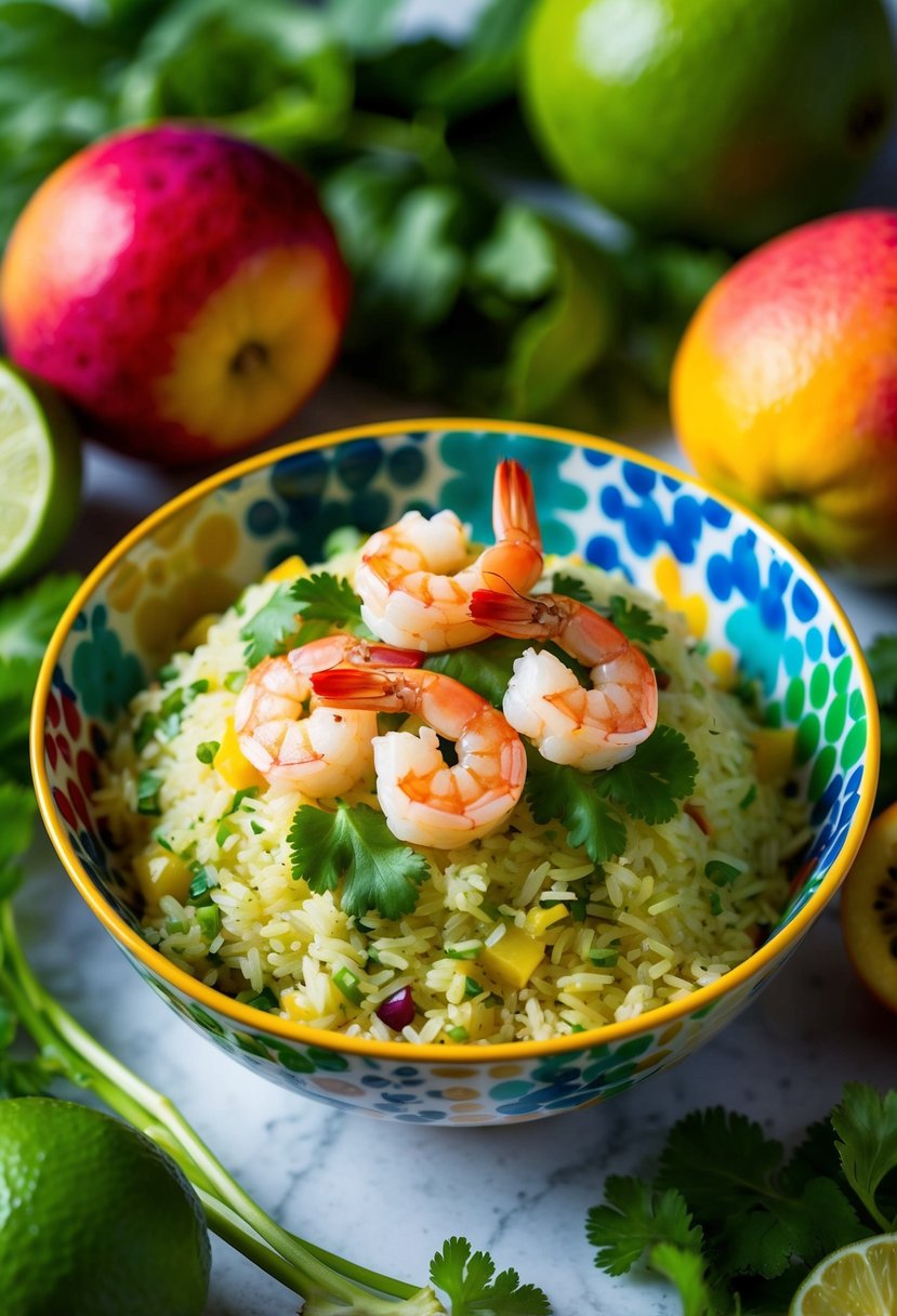 A colorful bowl of lime cilantro rice topped with plump, juicy shrimp, surrounded by vibrant tropical fruits and foliage