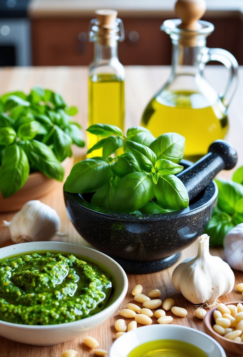 A vibrant kitchen scene with fresh basil, pine nuts, garlic, and olive oil arranged around a mortar and pestle. A bowl of freshly made pesto sits nearby