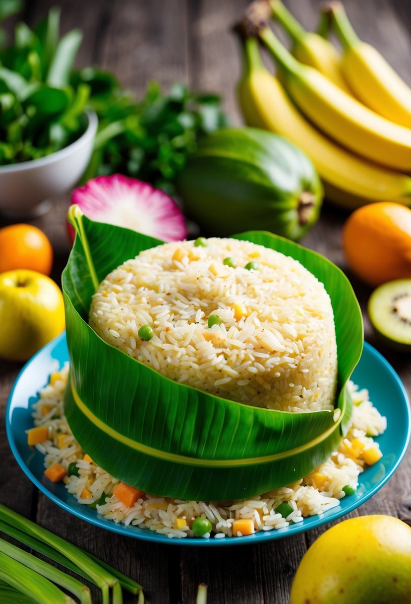 A banana leaf wrapped around a mound of tropical rice, surrounded by vibrant fruits and vegetables