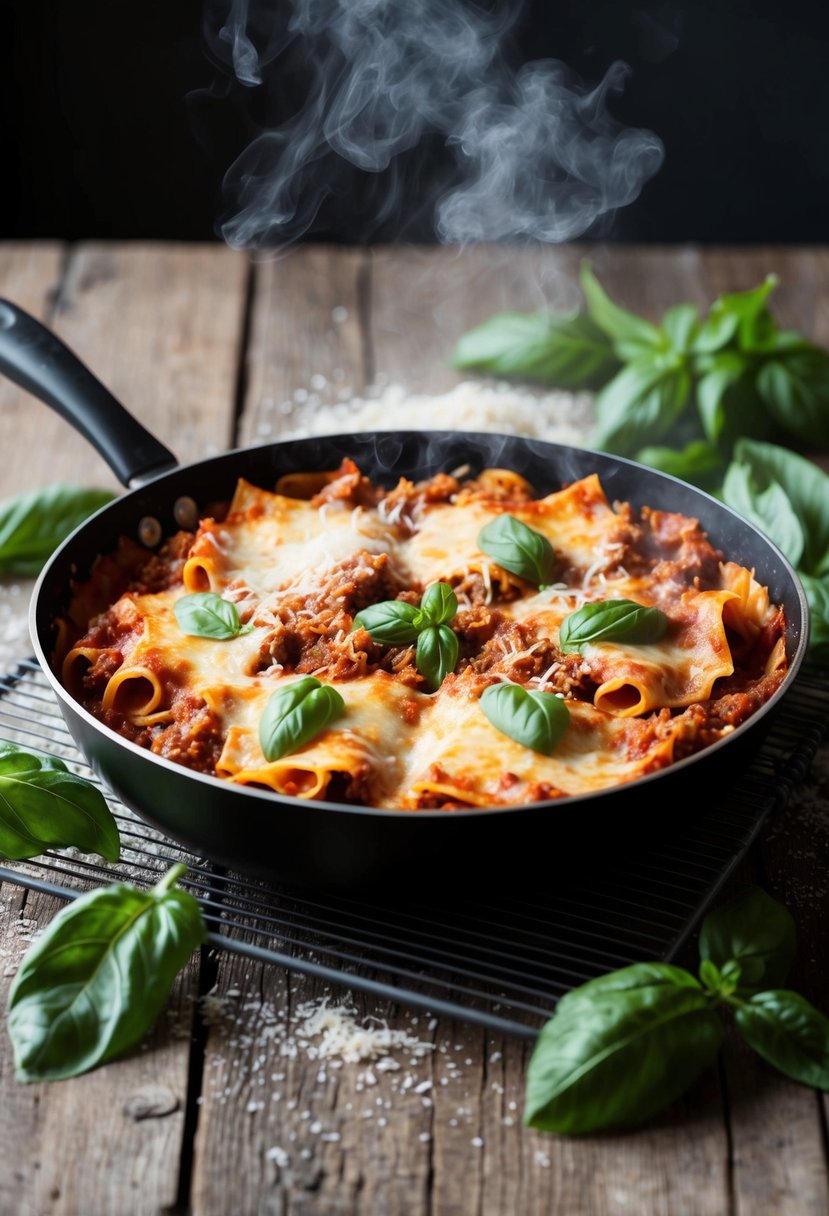 A steaming hot pan of lasagna Bolognese, surrounded by fresh basil and grated Parmesan, sits on a rustic wooden table