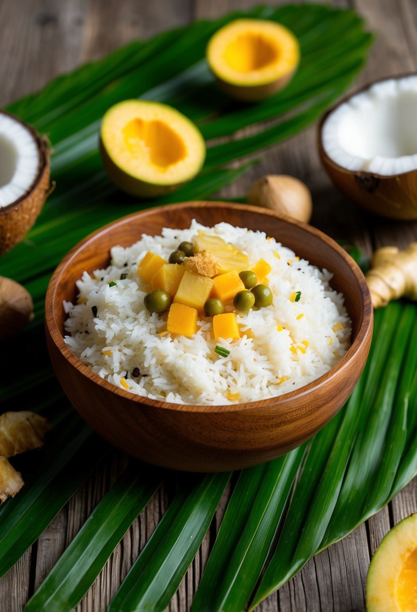 A wooden bowl filled with coconut and ginger-infused rice, surrounded by tropical fruits and palm leaves