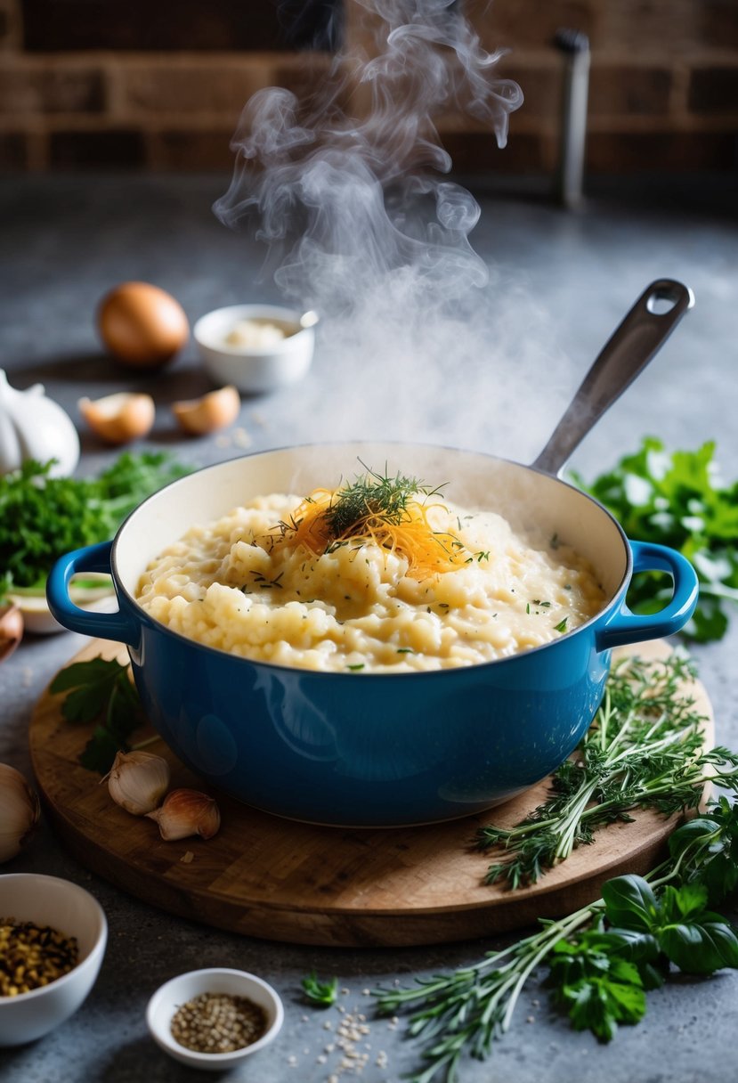 A steaming pot of creamy risotto with saffron, surrounded by fresh ingredients and Italian herbs on a rustic kitchen countertop