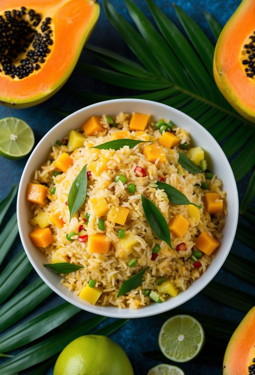 A vibrant bowl of papaya rice salad surrounded by tropical fruits and palm leaves