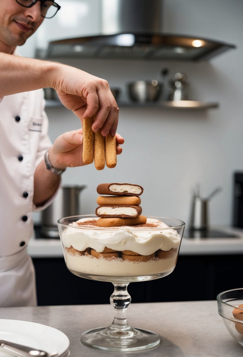 A chef swiftly layers ladyfingers, mascarpone, and cocoa in a glass dish. Creamy tiramisu takes shape in a modern kitchen