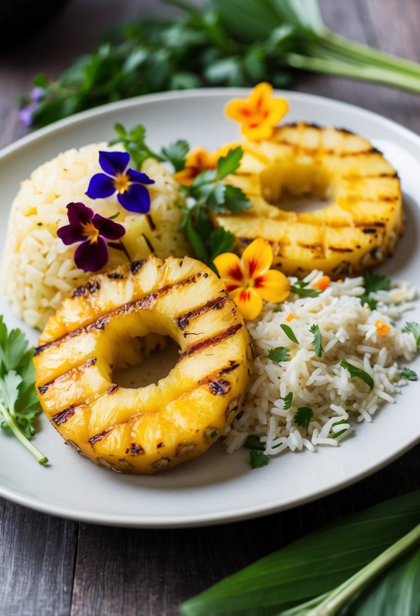 A plate of grilled pineapple slices served with a side of tropical rice, garnished with fresh herbs and colorful edible flowers