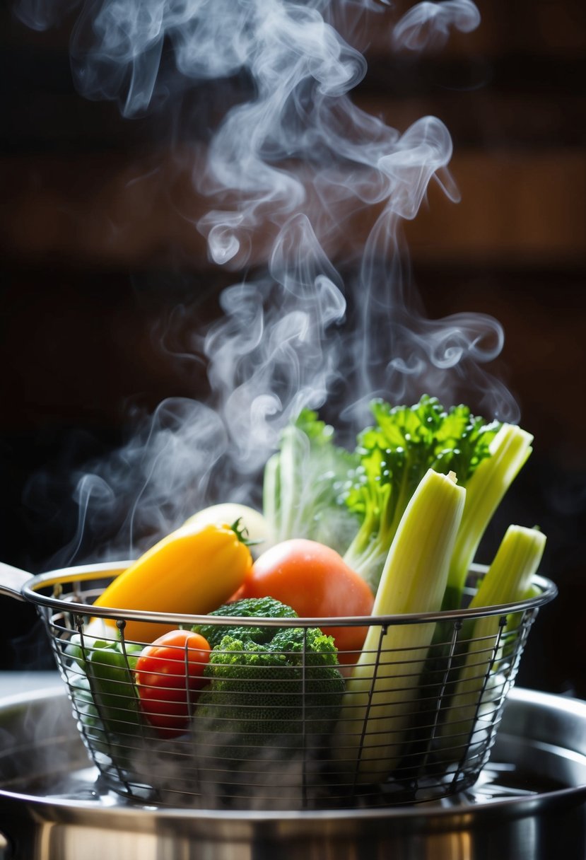 Fresh vegetables steaming in a metal basket over boiling water, releasing aromatic vapor