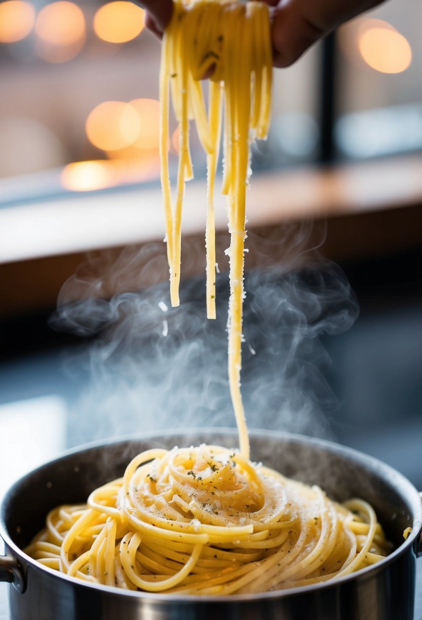 A steaming pot of pasta with freshly grated cheese and cracked black pepper