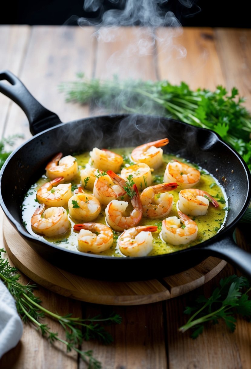 A sizzling skillet holds succulent shrimp bathed in garlic butter, surrounded by steam and crisp herbs