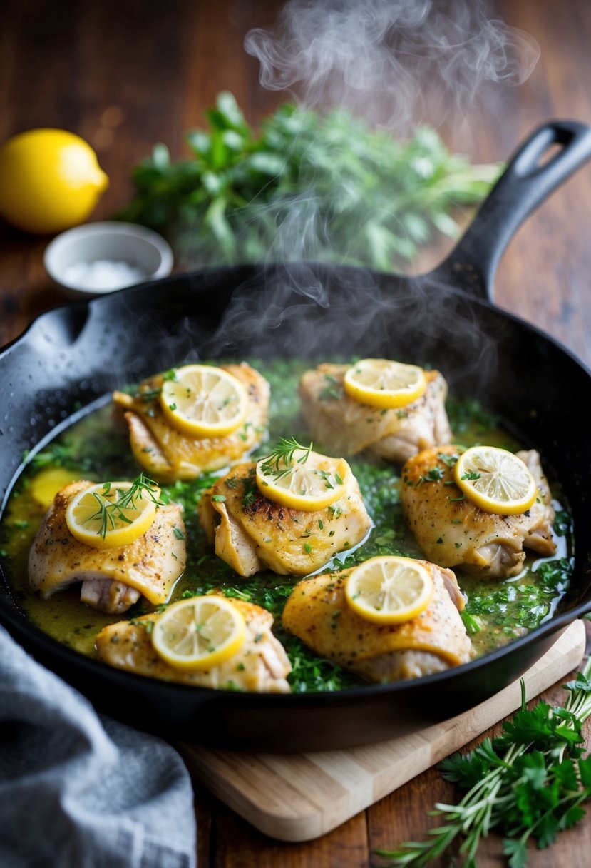 A sizzling skillet with lemon herb chicken thighs, surrounded by steam and fresh herbs