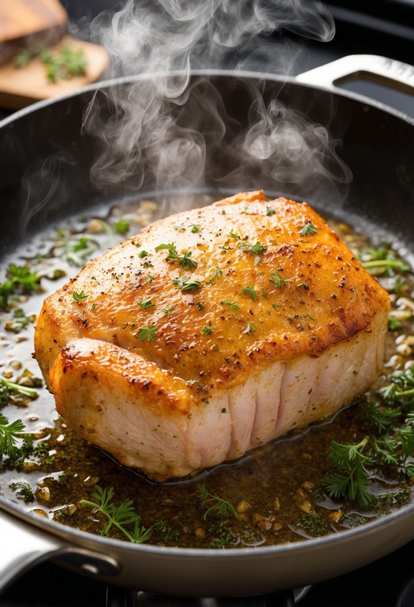 A golden-brown pork tenderloin sizzling in a hot skillet, surrounded by aromatic steam and crispy herbs