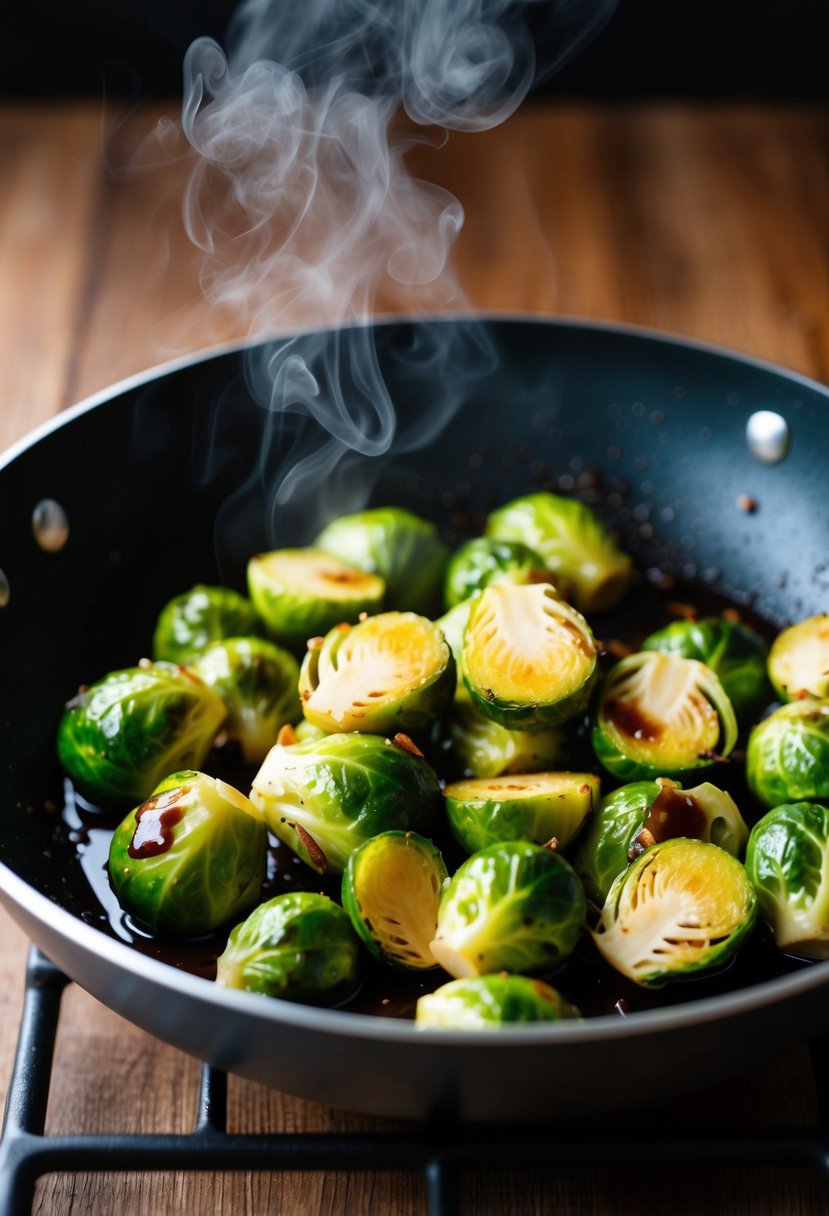 Brussels sprouts sizzling in a pan, coated in a glossy balsamic glaze, steam rising as they cook to a perfect crisp