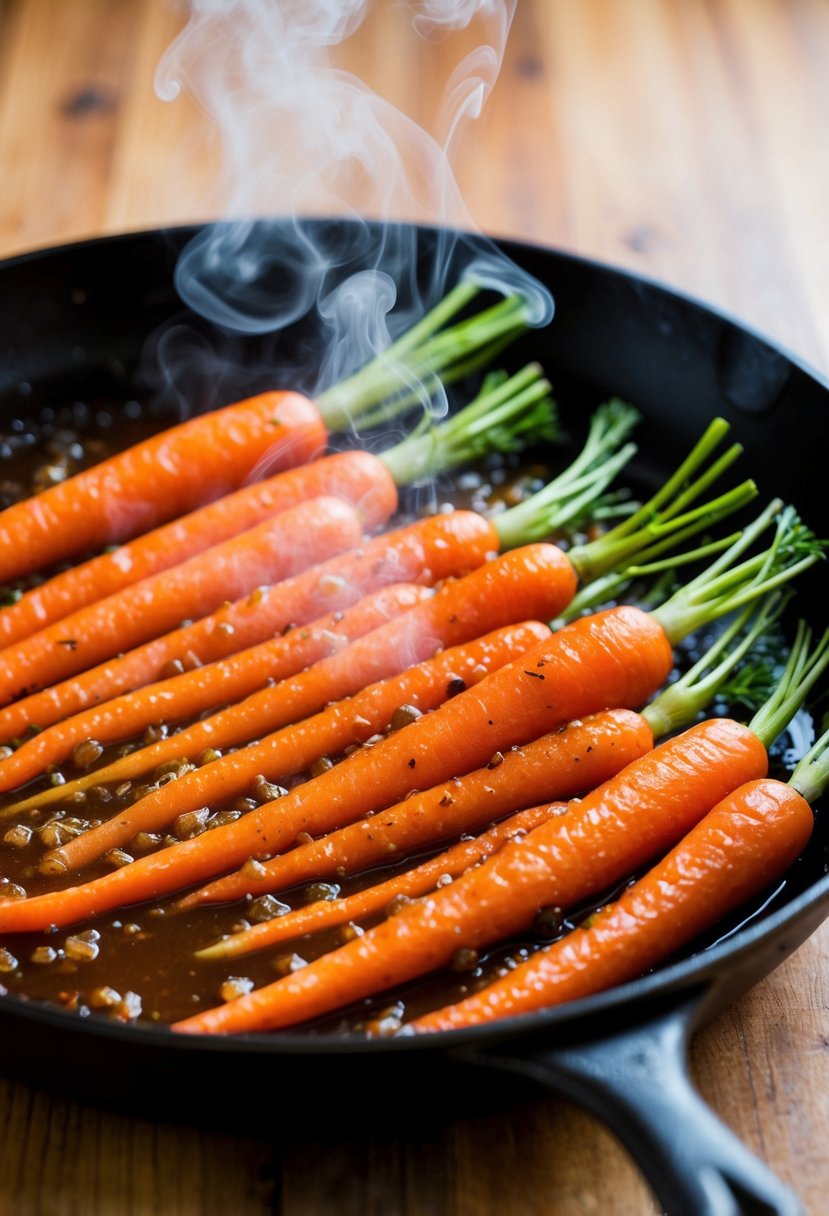 Fresh carrots sizzle in a bubbling maple glaze over a hot skillet. Steam rises as the sweet aroma fills the air