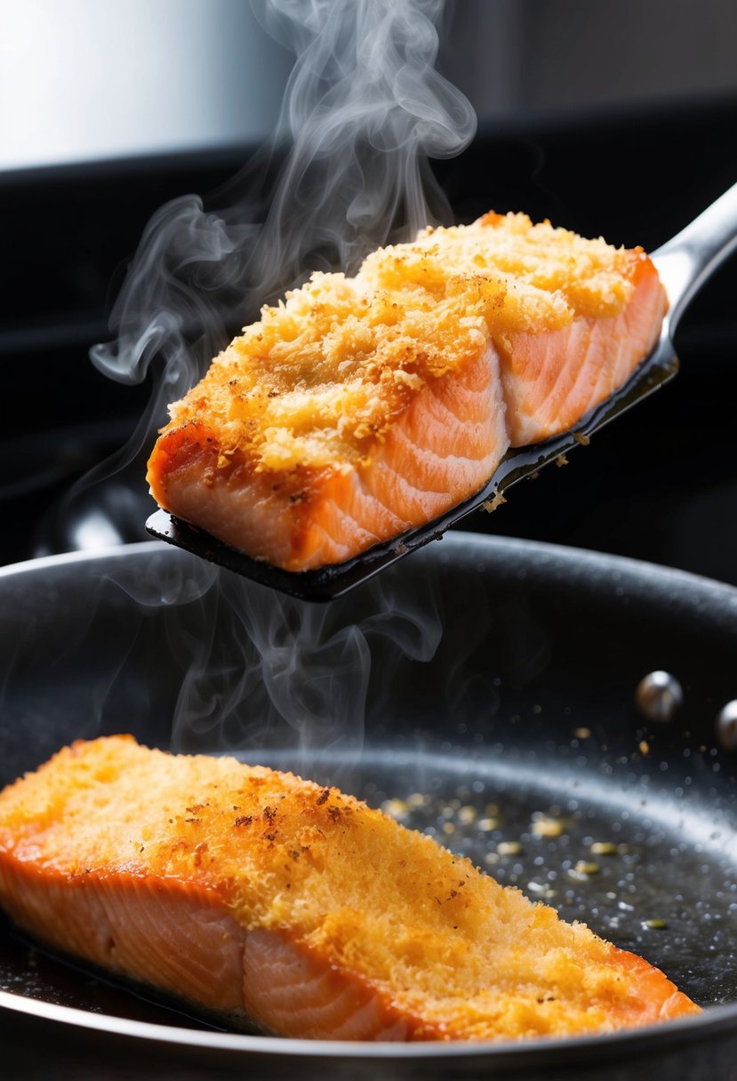 A piece of salmon coated in parmesan crust sizzling in a hot pan, emitting steam and a crisp golden brown exterior