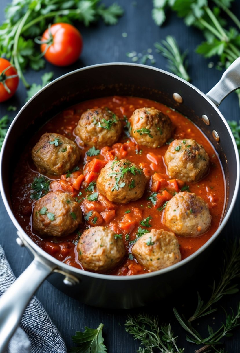 A pot simmering with tomato sauce and meatballs, surrounded by fresh herbs and spices