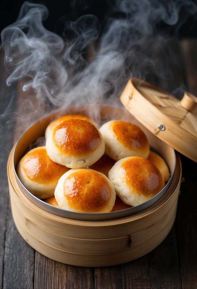 A bamboo steamer filled with fluffy, golden Asian-style steamed buns, surrounded by wisps of steam