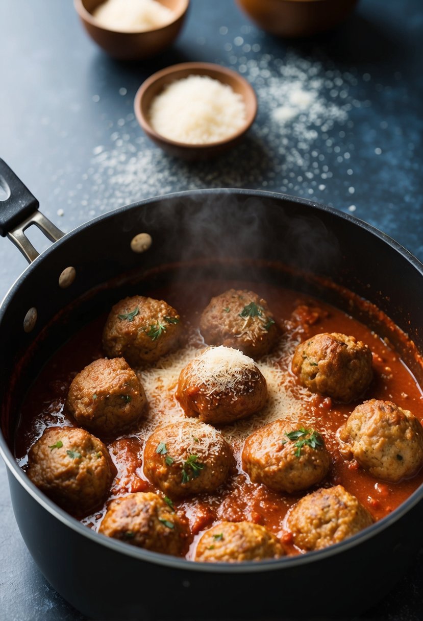 A pot simmering with classic Italian meatballs in a rich tomato sauce. A sprinkle of grated Parmesan cheese on top