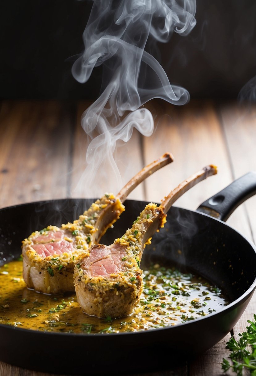 Juicy lamb chops sizzling in a hot skillet, coated in a golden herb crust, with steam rising and a hint of crispiness