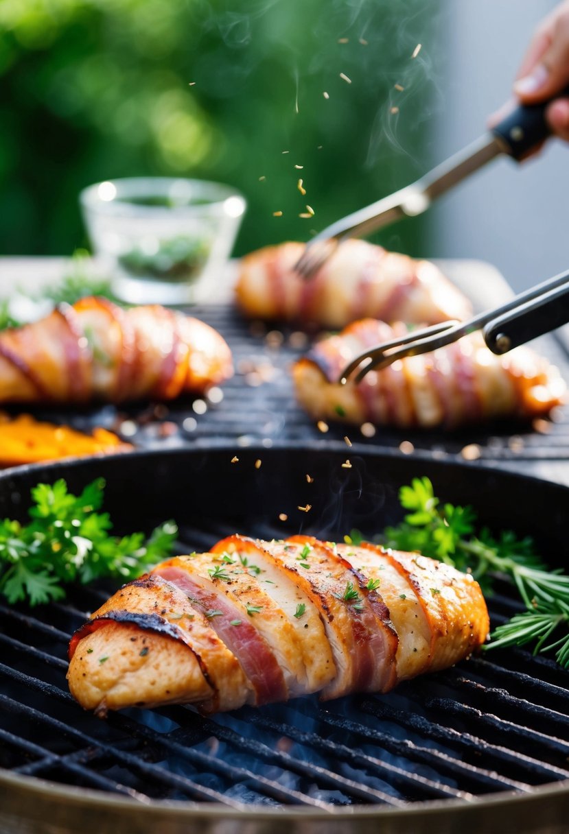 A sizzling bacon-wrapped chicken breast on a grill, surrounded by fresh herbs and spices