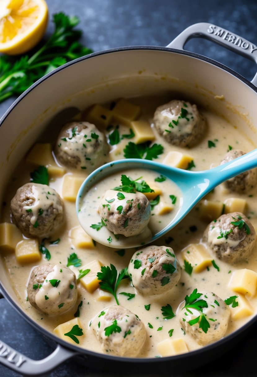 A pot of simmering Swedish meatball stroganoff, with creamy sauce and meatballs, garnished with fresh parsley