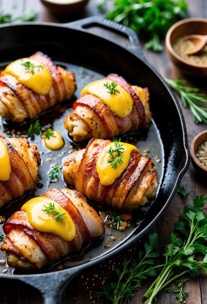 A sizzling skillet with bacon-wrapped chicken thighs glazed in honey mustard, surrounded by fresh herbs and spices