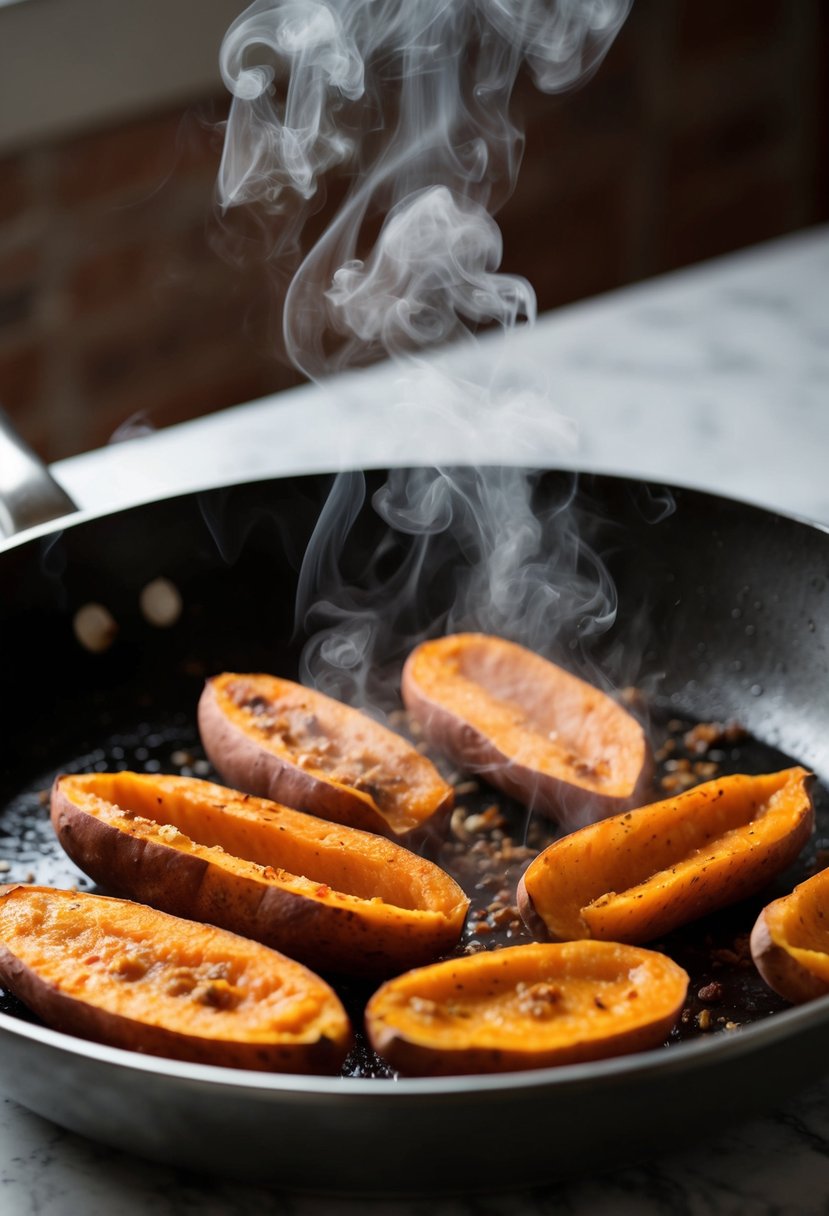 Cajun spiced sweet potatoes sizzling on a hot skillet, releasing aromatic steam