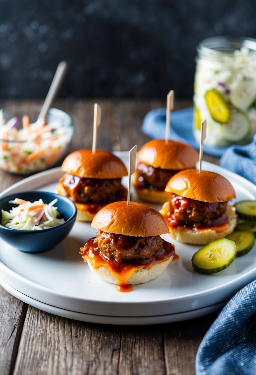 A platter of BBQ meatball sliders with melted cheese and a side of pickles and coleslaw