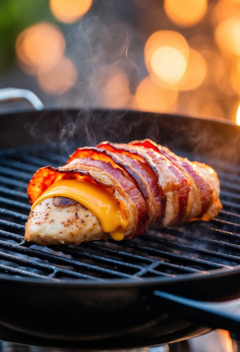 A plump chicken breast stuffed with cheddar cheese and wrapped in crispy bacon, sizzling on a hot grill