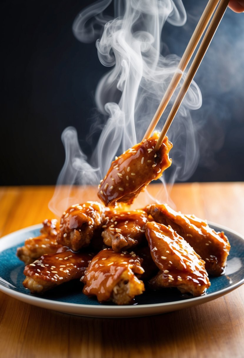 Steam rises from a plate of teriyaki chicken wings, the glaze glistening in the light. A pair of chopsticks hovers above, ready to grasp a wing