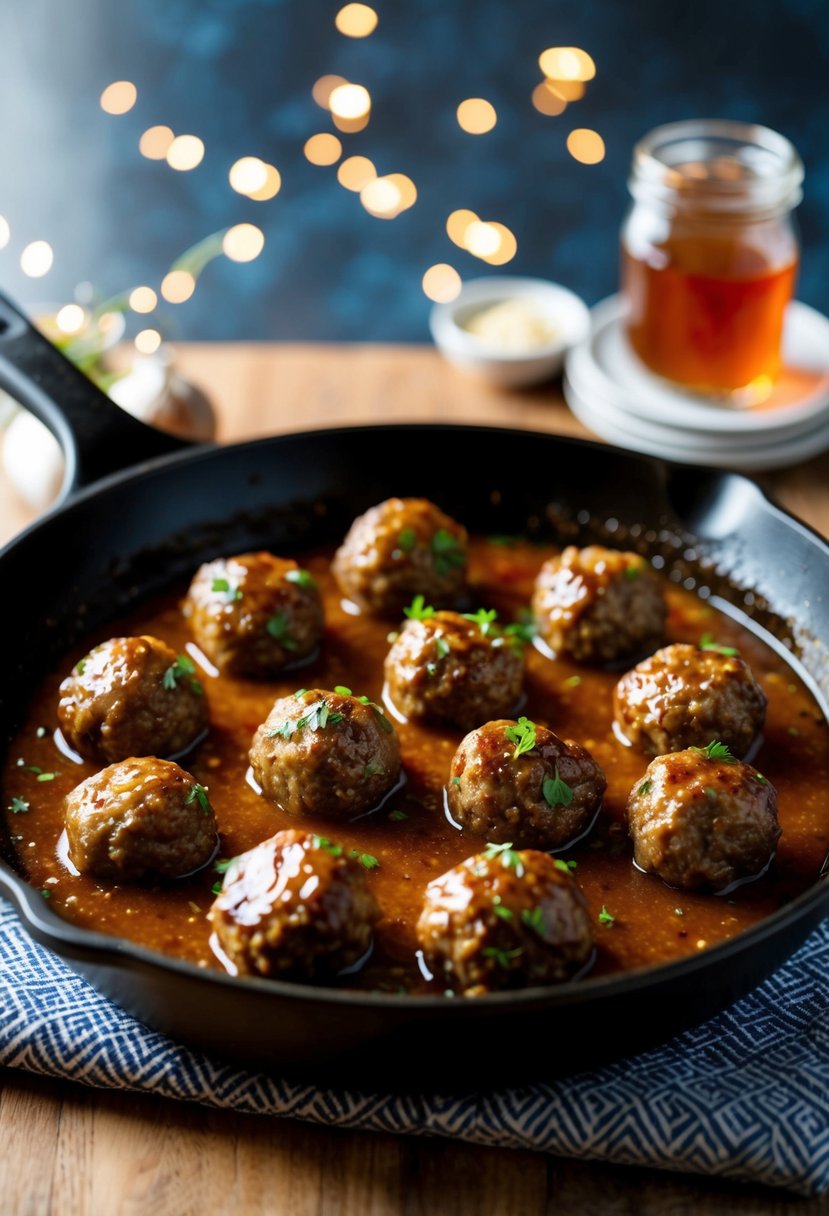 Meatballs simmering in a honey garlic sauce in a skillet