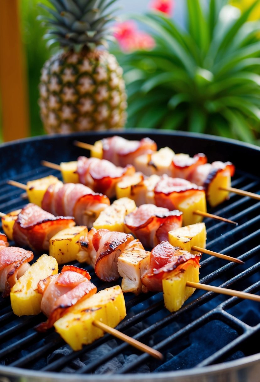 Bacon-wrapped chicken skewers with pineapple on a grill