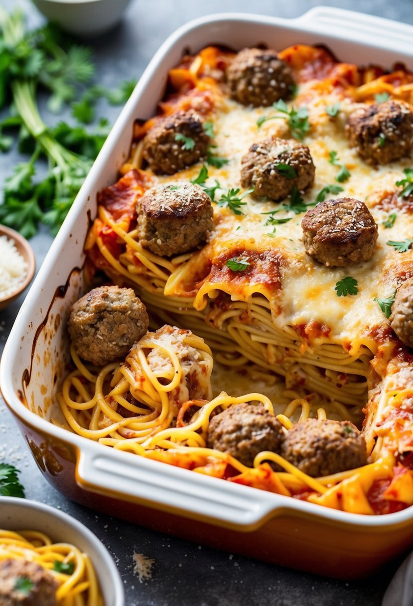 A bubbling casserole dish filled with layers of spaghetti, meatballs, and melted cheese, surrounded by fresh herbs and a sprinkle of parmesan