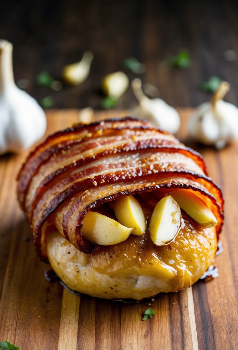 A plump chicken breast is tightly wrapped in crispy bacon, with cloves of garlic peeking out from the savory layers