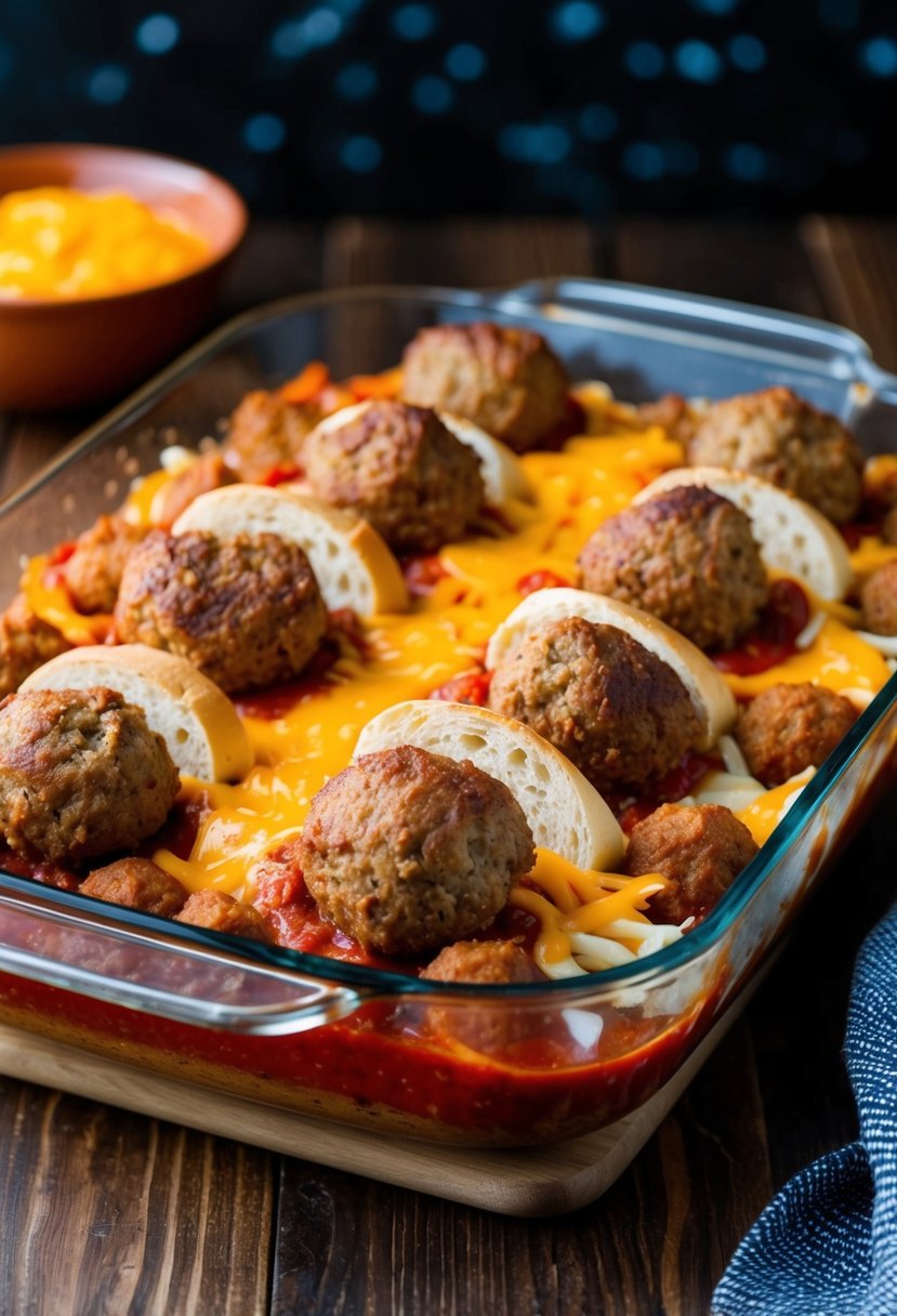 A baking dish filled with layers of meatballs, marinara sauce, cheese, and bread, ready to be baked into a delicious meatball sub casserole