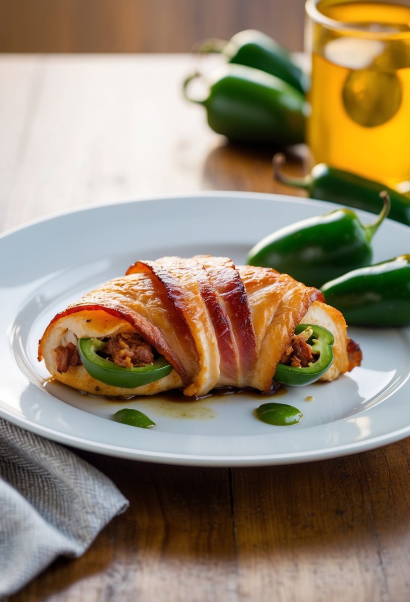 A sizzling bacon-wrapped chicken breast stuffed with jalapeño popper filling on a clean white plate