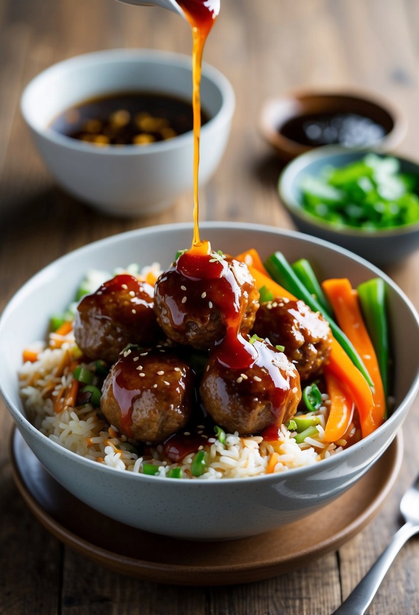 A steaming bowl filled with teriyaki meatballs, rice, and colorful vegetables, drizzled with a glossy teriyaki sauce