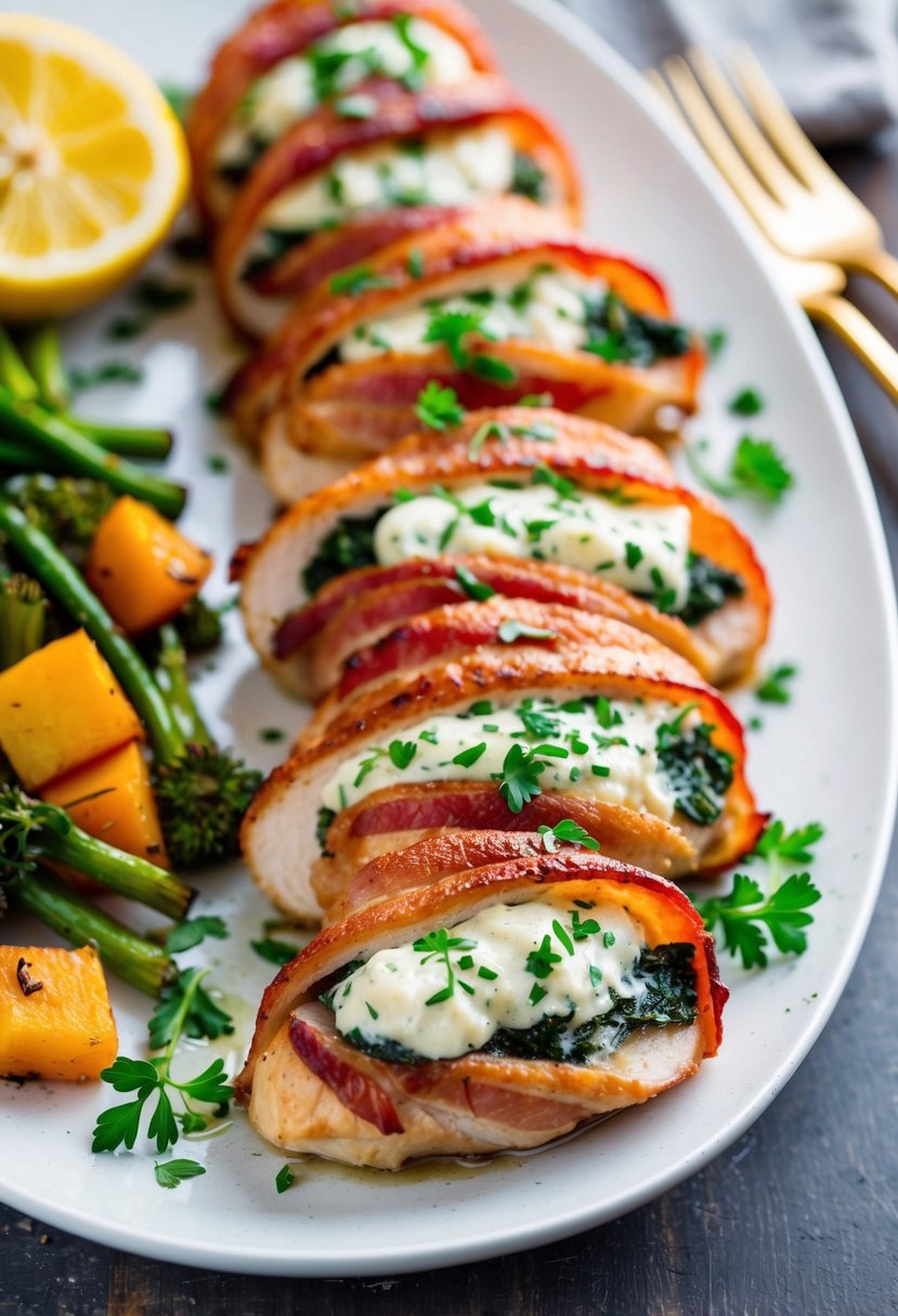 A platter of bacon-wrapped chicken breasts stuffed with cream cheese and spinach, garnished with fresh herbs and served with a side of roasted vegetables