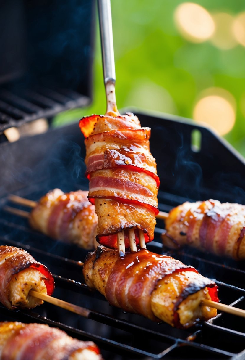 Chicken drumsticks wrapped in bacon, glazed with maple syrup, sizzling on a grill