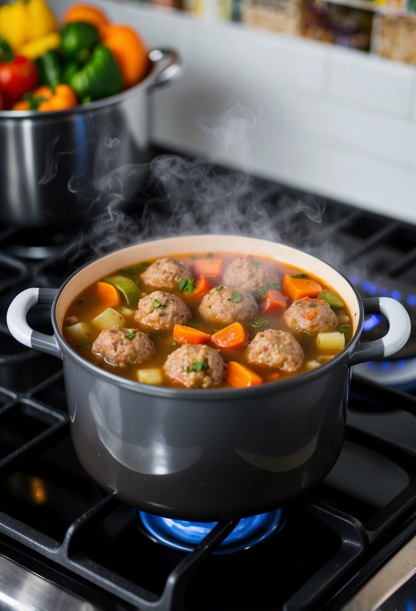 A steaming pot of meatball minestrone soup simmering on a stovetop, with colorful vegetables and savory meatballs floating in the broth