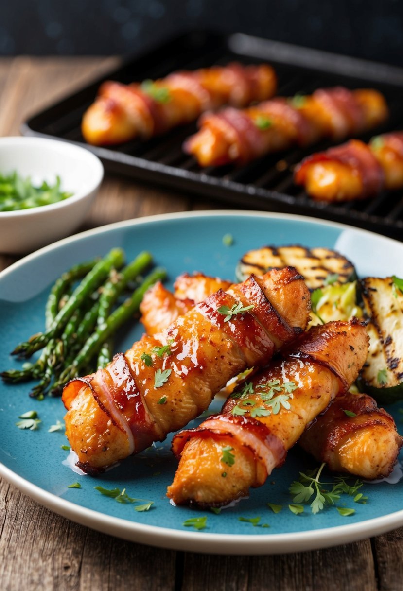 A plate of sizzling bacon-wrapped BBQ chicken tenders with a golden brown glaze, garnished with fresh herbs and served with a side of grilled vegetables