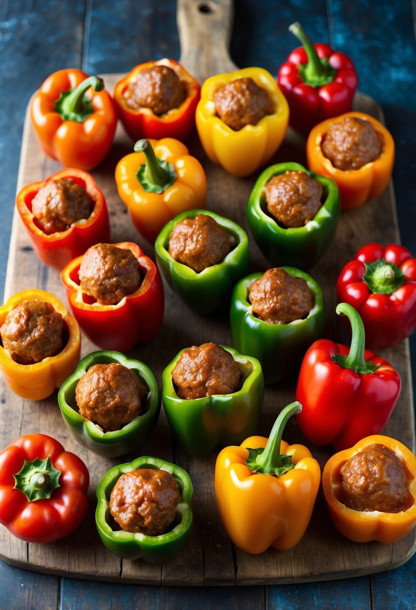 A colorful array of bell peppers, each filled with a hearty meatball mixture, arranged on a rustic wooden cutting board