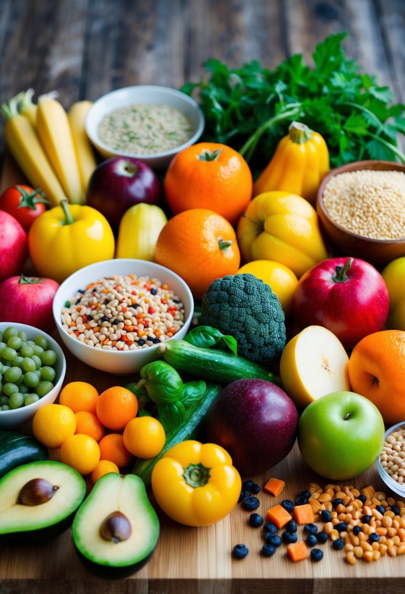 A colorful array of fresh fruits, vegetables, grains, and legumes arranged on a wooden cutting board