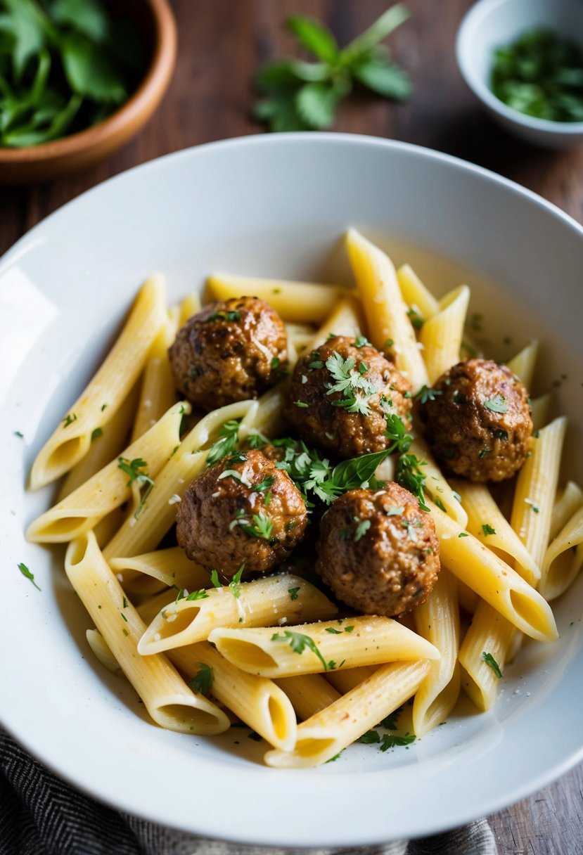 A steaming bowl of creamy penne pasta topped with savory meatballs and sprinkled with fresh herbs