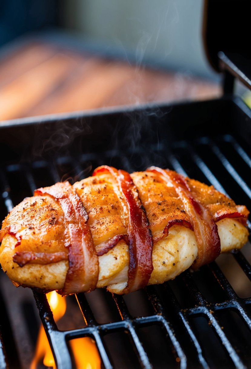 A sizzling bacon-wrapped chicken breast coated in brown sugar and chili powder, cooking on a hot grill