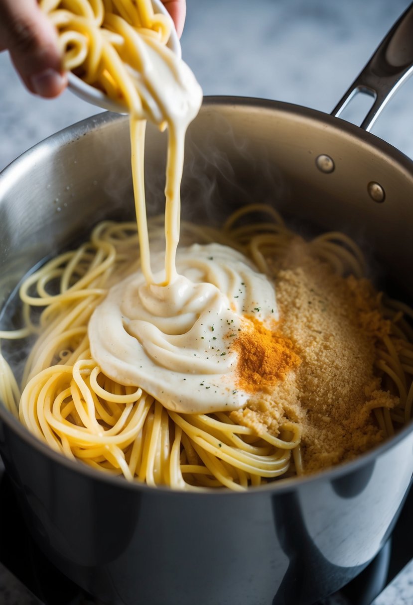 A pot of boiling water with pasta, a creamy cashew-based cheese sauce, and a sprinkle of nutritional yeast and paprika