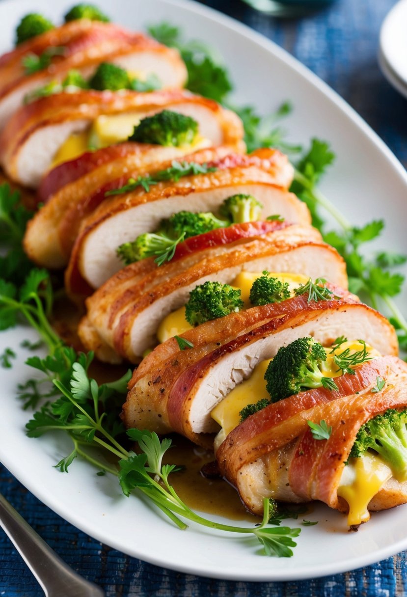 A platter of bacon-wrapped chicken stuffed with broccoli and cheese, garnished with fresh herbs and served on a white plate