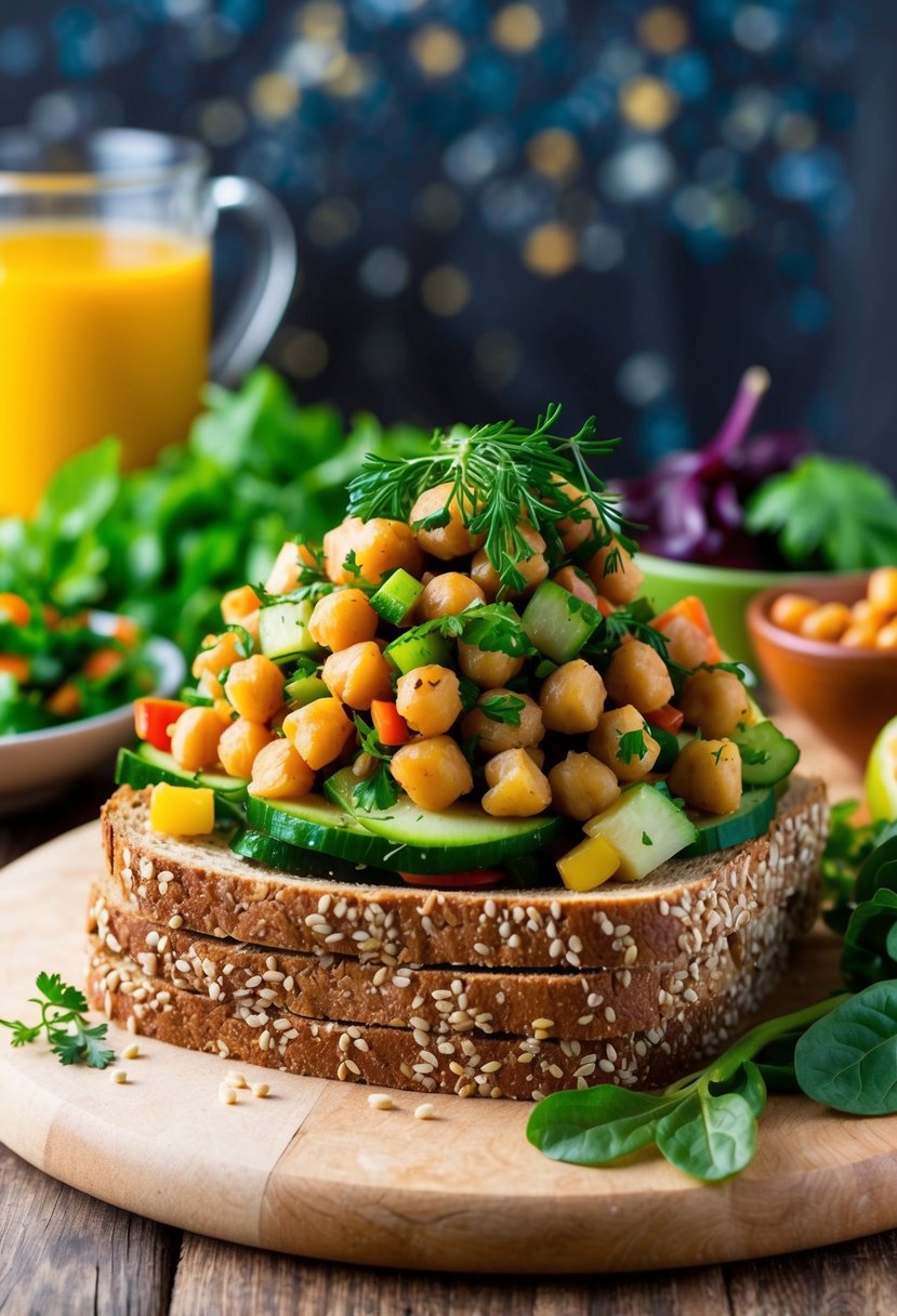 A colorful array of chickpeas, fresh vegetables, and herbs piled high on a hearty whole grain bread, with a side of vibrant mixed greens