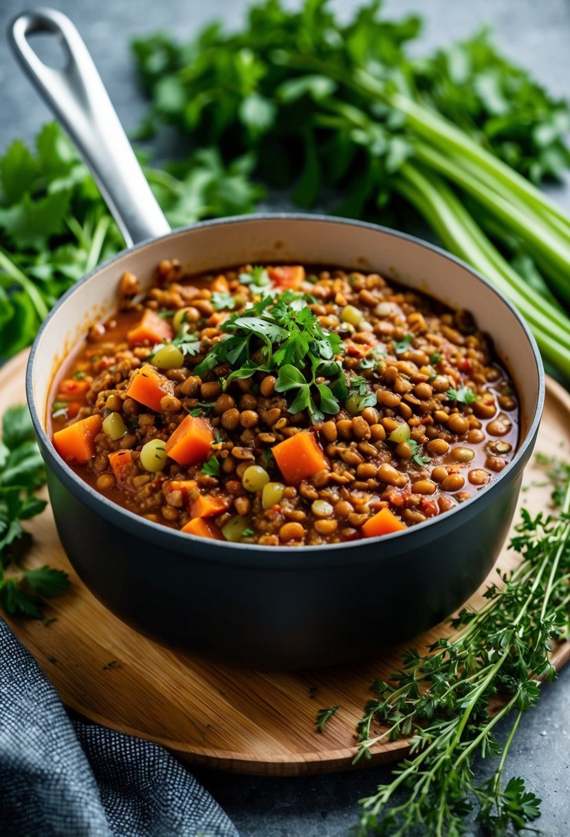 A simmering pot of lentil bolognese surrounded by fresh herbs and vegetables